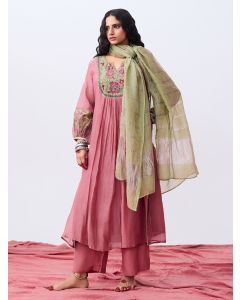 Pink Hand Embroidered Chanderi Mul Kurta with Pants- Set of 2