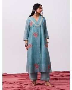 Aqua Blue Hand Block Printed Chanderi Silk Kurta with Pants- Set of 2