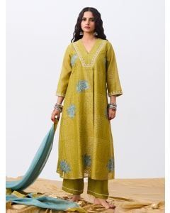 Green Hand Block Printed Chanderi Silk Kurta with Pants- Set of 2