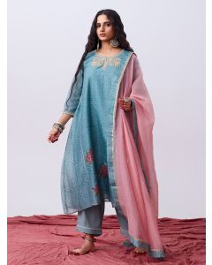 Aqua Blue Hand Block Printed Chanderi Silk Kurta with Pants- Set of 2