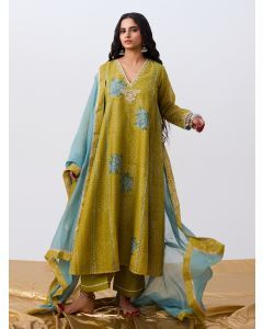 Green Hand Block Printed Chanderi Silk Kurta with Pants- Set of 2
