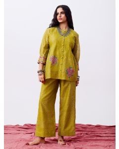 Green Hand Block Printed Chanderi Silk Co-ord Set- Set of 2