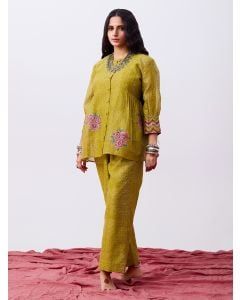 Green Hand Block Printed Chanderi Silk Top with Slip