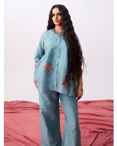 Aqua Blue Hand Block Printed Chanderi Silk Top with Slip