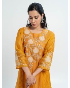 Yellow Hand Embroidered Chanderi Striped Kurta with Pants - Set of 2
