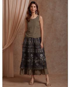 Brown Hand Embroidered Linen Top with Hand Block Printed Skirt - Set of 2