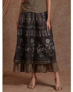 Brown Hand Block Printed Kota Doria Layered Skirt
