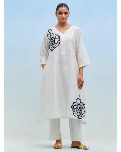 White Hand Block Printed Chanderi Kurta with Pants- Set of 2