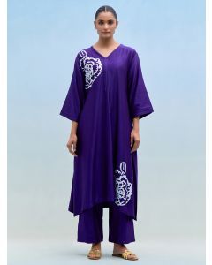 Purple Hand Block Printed Chanderi Kurta with Pants- Set of 2