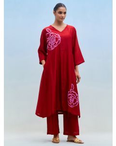 Red Hand Block Printed Chanderi Kurta with Pants- Set of 2