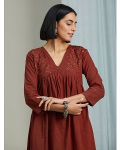 Rust Embroidered Cotton Gathered Kurta