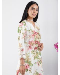 Ivory Pink Printed Cotton Kurta with Schiffli Pants - Set of 2