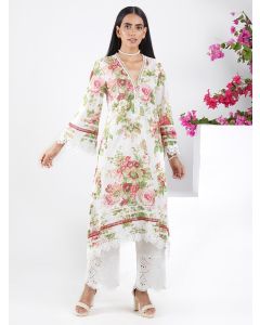Ivory Pink Printed Cotton Kurta 
