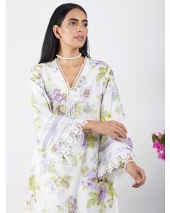 Ivory Lavender Printed Cotton Kurta with Schiffli Pants - Set of 2