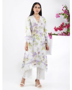 Ivory Lavender Printed Cotton Kurta 