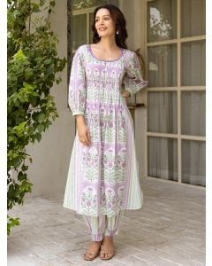 Purple Printed Cotton Kurta with Afghani Pants- Set of 2