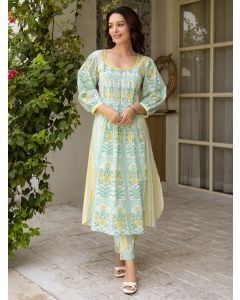 Lime Green Printed Cotton Kurta with Afghani Pants- Set of 2