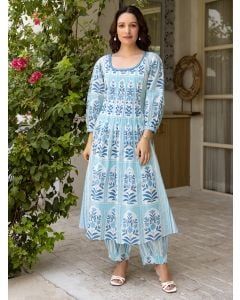 Sky Blue Printed Cotton Kurta with Afghani Pants- Set of 2