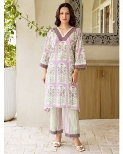 Purple Printed Cotton Kurta with Pants- Set of 2