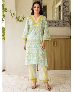 Lime Green Printed Cotton Kurta with Pants- Set of 2