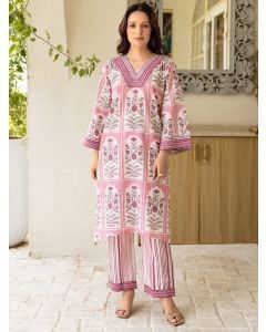 Light Pink Printed Cotton Kurta with Pants- Set of 2