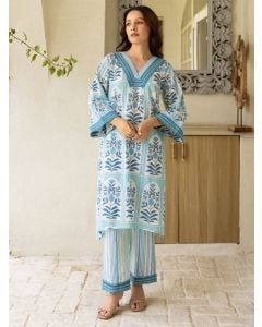 Sky Blue Printed Cotton Kurta with Pants- Set of 2