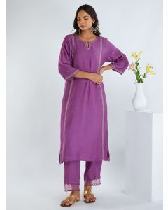 Violet Zari Work Muslin Kurta with Pants- Set of 2