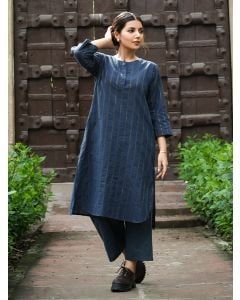 Navy Blue Zari Striped Cotton Kurta with Pants- Set of 2