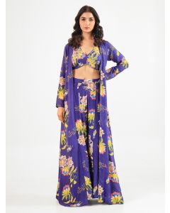Blue Printed Silk Hand Embroidered Bustier with Cape and Palazzo - Set of 3
