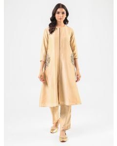 Beige Hand Embroidered Silk Kurta with Pants- Set of 2