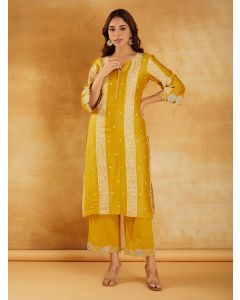 Yellow Bandhani Printed Chanderi Kurta with Pants- Set of 2