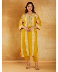 Yellow Bandhani Printed Chanderi Dori Embroidered Kurta with Pants- Set of 2