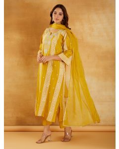 Yellow Bandhani Printed Chanderi Dori Embroidered Suit- Set of 3