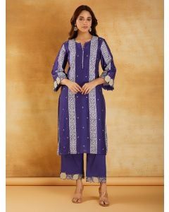Blue Bandhani Printed Chanderi Kurta with Pants- Set of 2