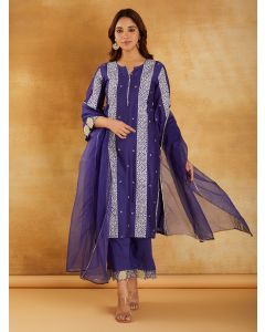 Blue Bandhani Printed Chanderi Suit- Set of 3