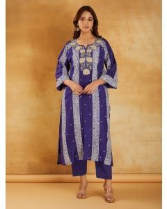 Blue Bandhani Printed Chanderi Dori Embroidered Kurta with Pants- Set of 2