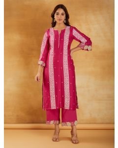 Pink Bandhani Printed Chanderi Kurta with Pants- Set of 2