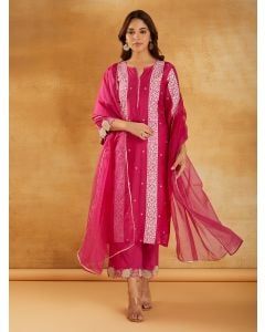 Pink Bandhani Printed Chanderi Suit- Set of 3