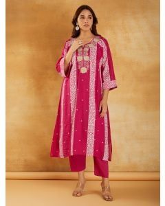 Pink Bandhani Printed Chanderi Dori Embroidered Kurta with Pants- Set of 2