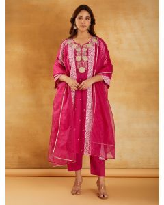 Pink Bandhani Printed Chanderi Dori Embroidered Suit- Set of 3