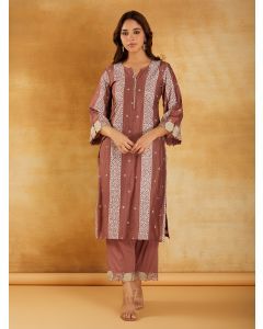 Brown Bandhani Printed Chanderi Kurta with Pants- Set of 2
