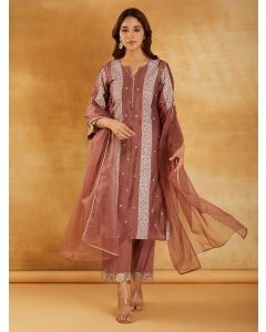 Brown Bandhani Printed Chanderi Suit- Set of 3