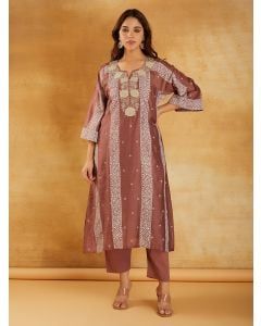 Brown Bandhani Printed Chanderi Dori Embroidered Kurta with Pants- Set of 2