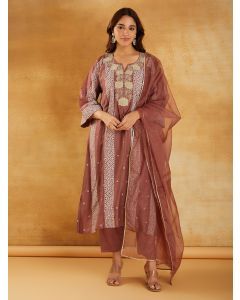 Brown Bandhani Printed Chanderi Dori Embroidered Suit- Set of 3
