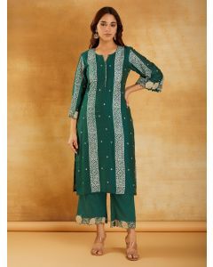 Green Bandhani Printed Chanderi Kurta with Pants- Set of 2