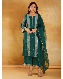 Green Bandhani Printed Chanderi Suit- Set of 3