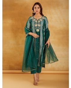 Green Bandhani Printed Chanderi Dori Embroidered Suit- Set of 3
