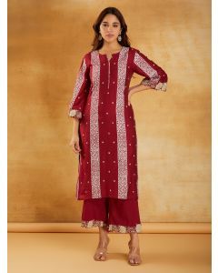 Red Bandhani Printed Chanderi Kurta with Pants- Set of 2