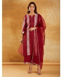 Red Bandhani Printed Chanderi Suit- Set of 3