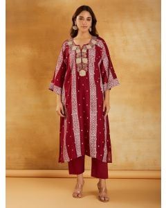 Red Bandhani Printed Chanderi Dori Embroidered Kurta with Pants- Set of 2